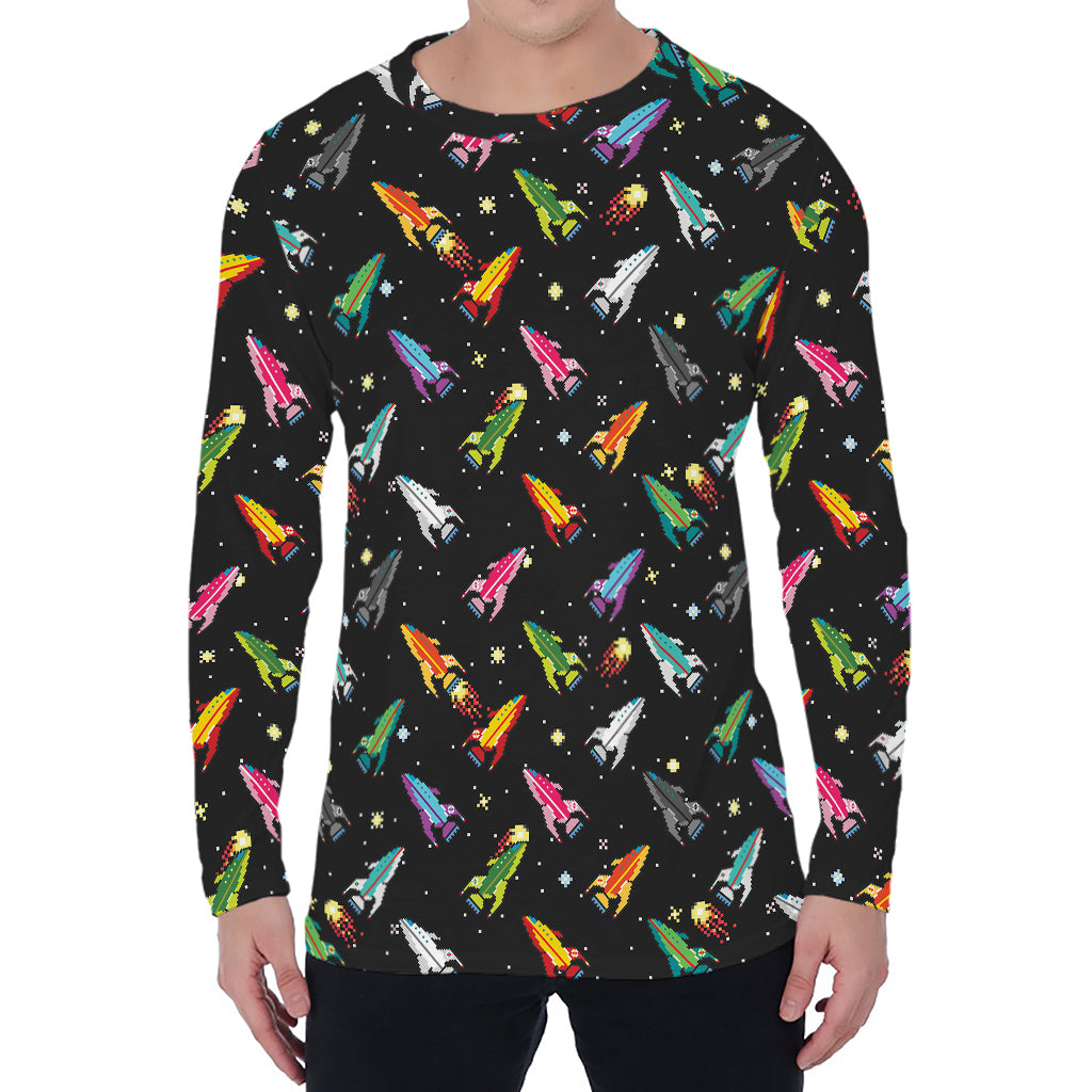 Pixel Spaceships Pattern Print Men's Long Sleeve T-Shirt