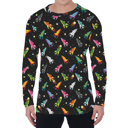Pixel Spaceships Pattern Print Men's Long Sleeve T-Shirt
