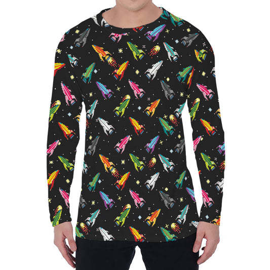Pixel Spaceships Pattern Print Men's Long Sleeve T-Shirt