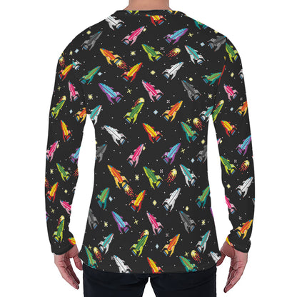 Pixel Spaceships Pattern Print Men's Long Sleeve T-Shirt