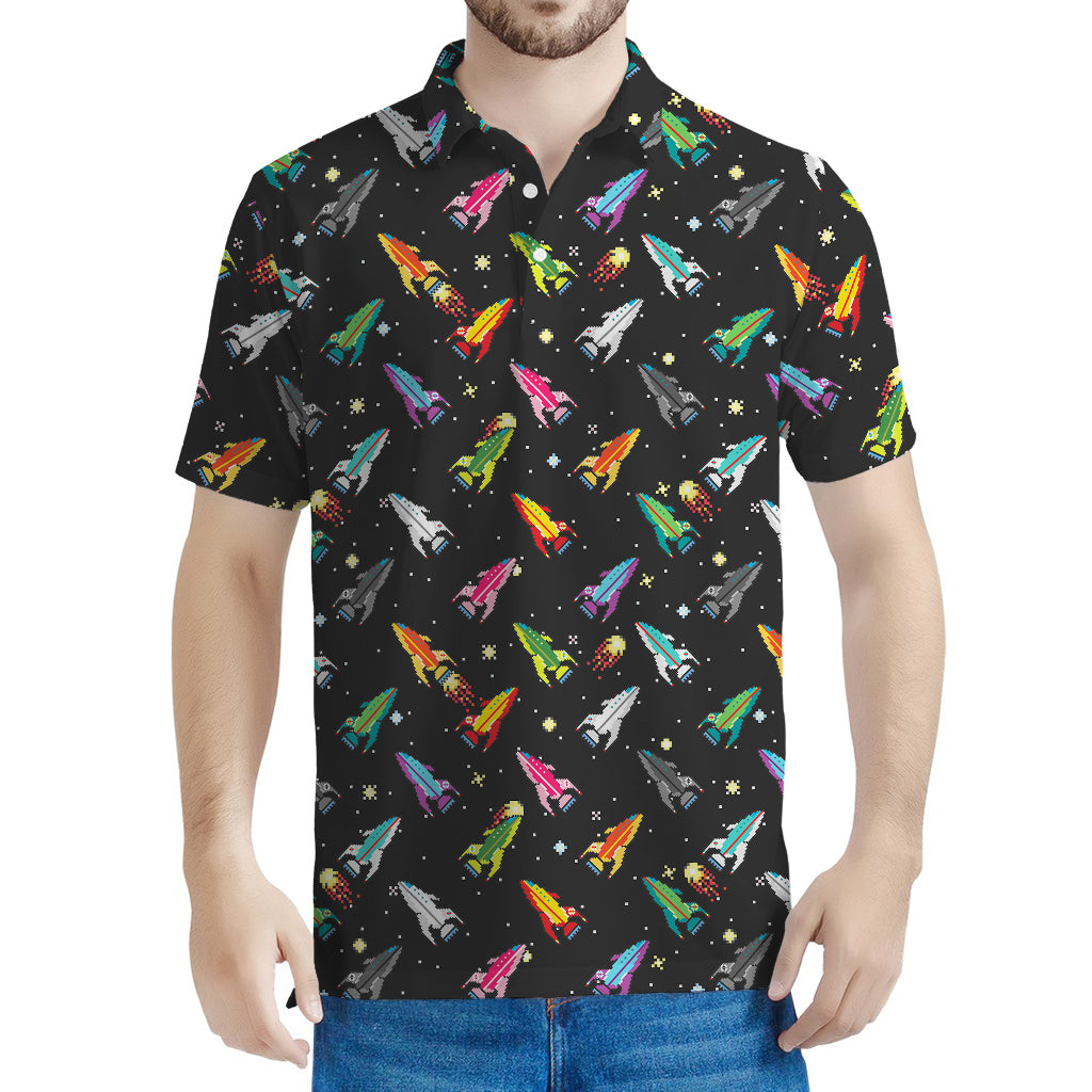 Pixel Spaceships Pattern Print Men's Polo Shirt