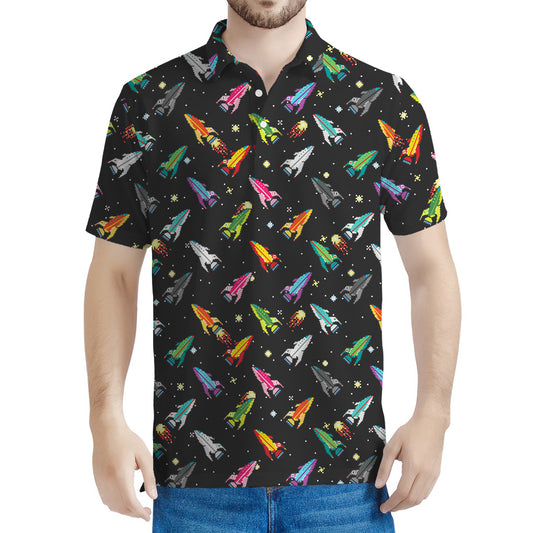 Pixel Spaceships Pattern Print Men's Polo Shirt