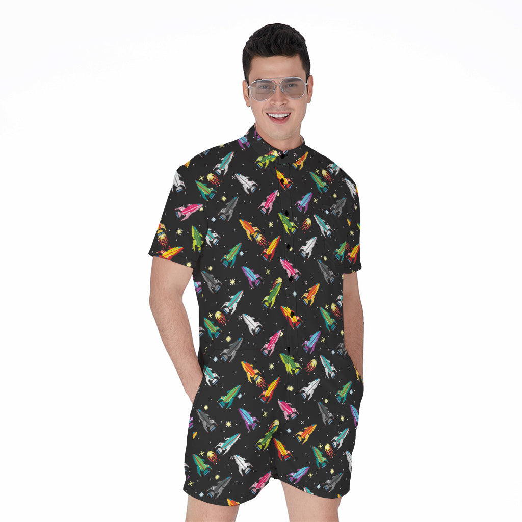 Pixel Spaceships Pattern Print Men's Rompers