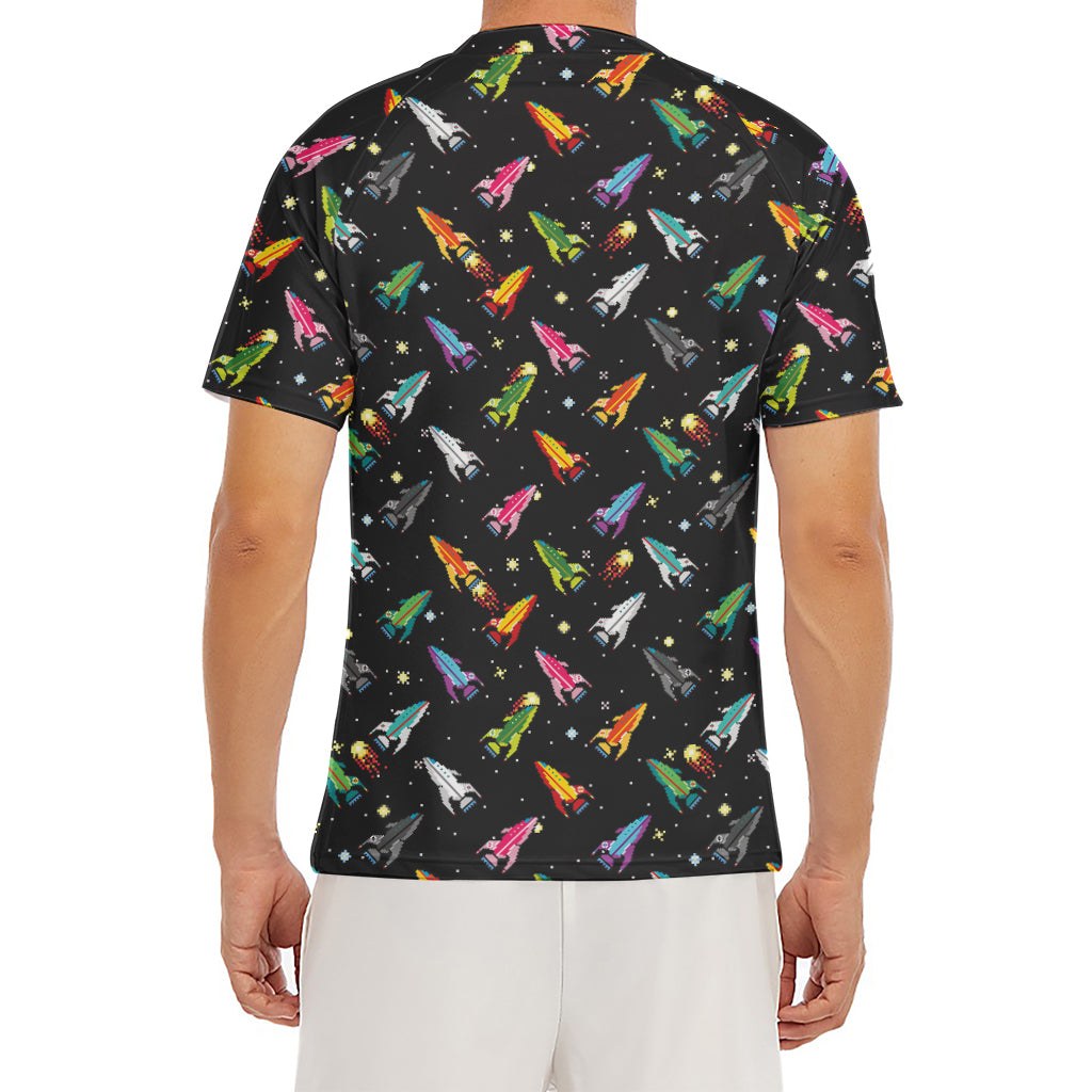 Pixel Spaceships Pattern Print Men's Short Sleeve Rash Guard