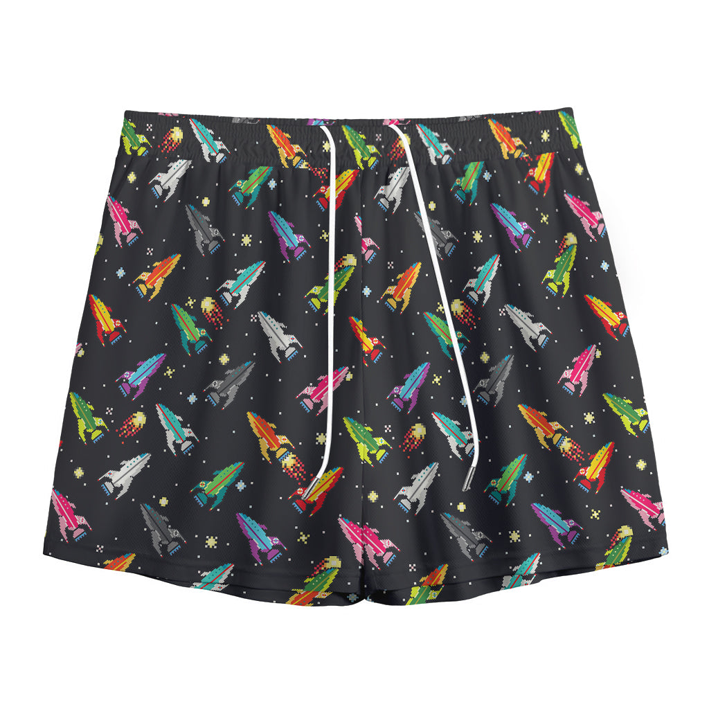Pixel Spaceships Pattern Print Mesh Shorts