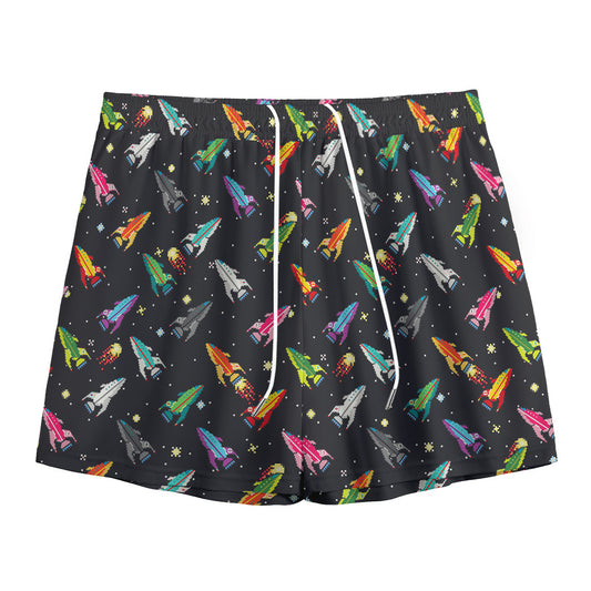 Pixel Spaceships Pattern Print Mesh Shorts