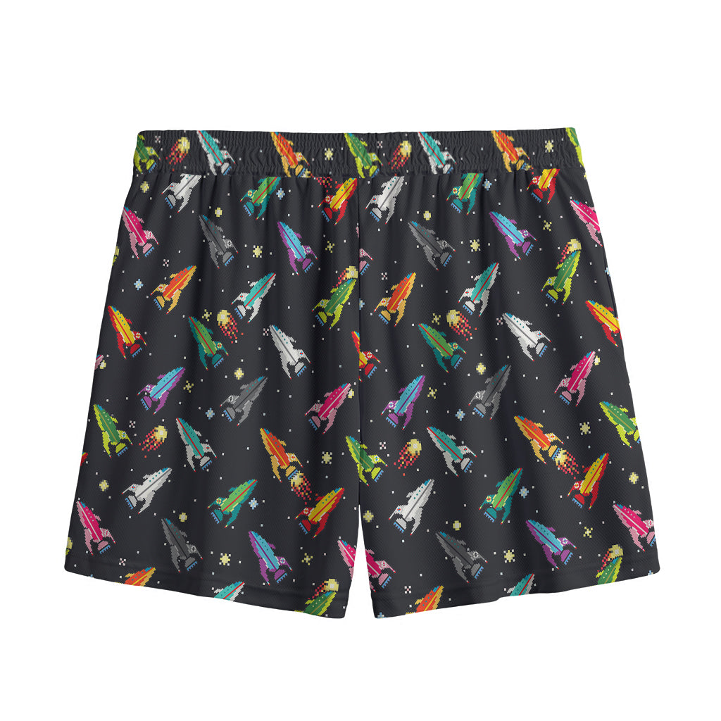 Pixel Spaceships Pattern Print Mesh Shorts
