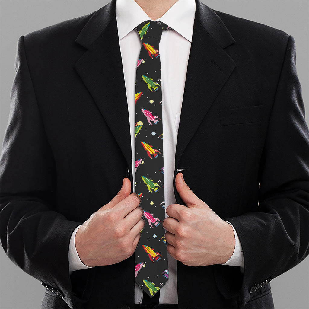 Pixel Spaceships Pattern Print Necktie