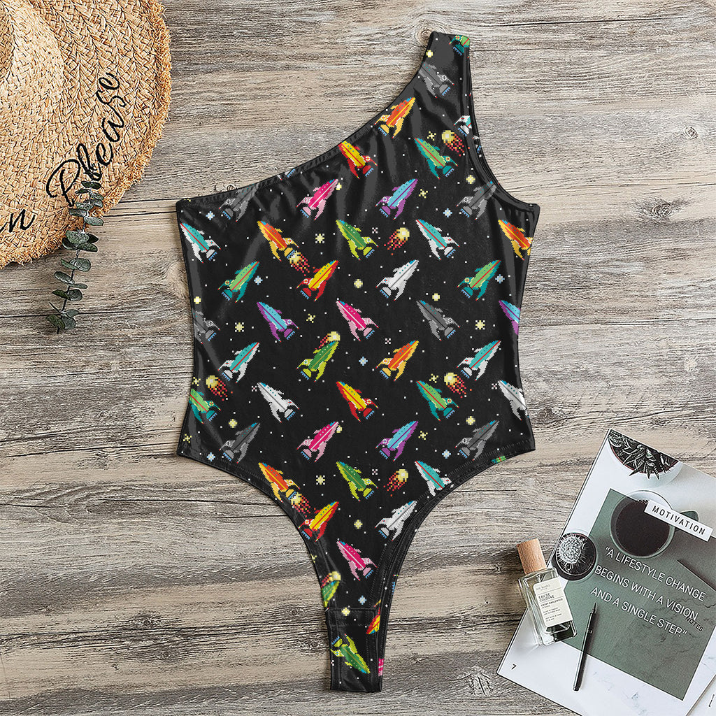 Pixel Spaceships Pattern Print One Shoulder Bodysuit
