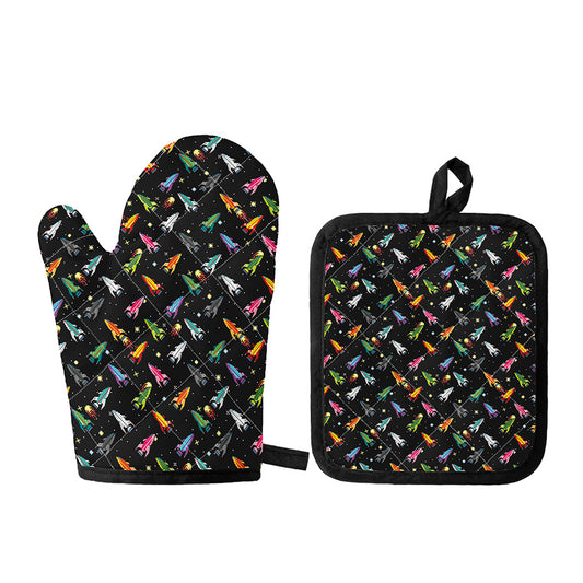 Pixel Spaceships Pattern Print Oven Mitt And Pot Holder Set