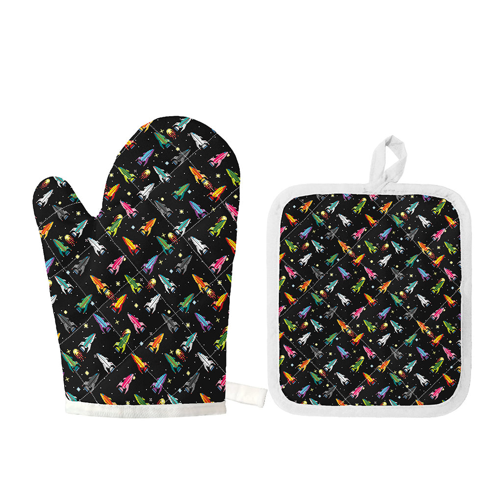 Pixel Spaceships Pattern Print Oven Mitt And Pot Holder Set