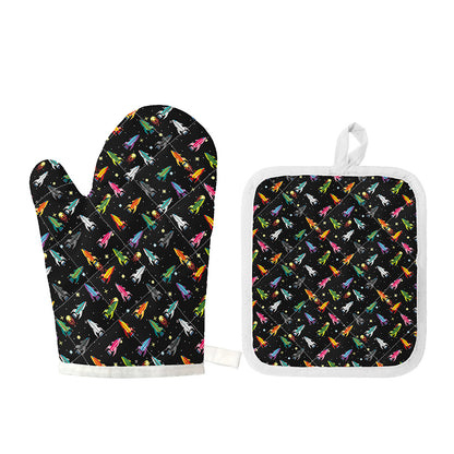 Pixel Spaceships Pattern Print Oven Mitt And Pot Holder Set