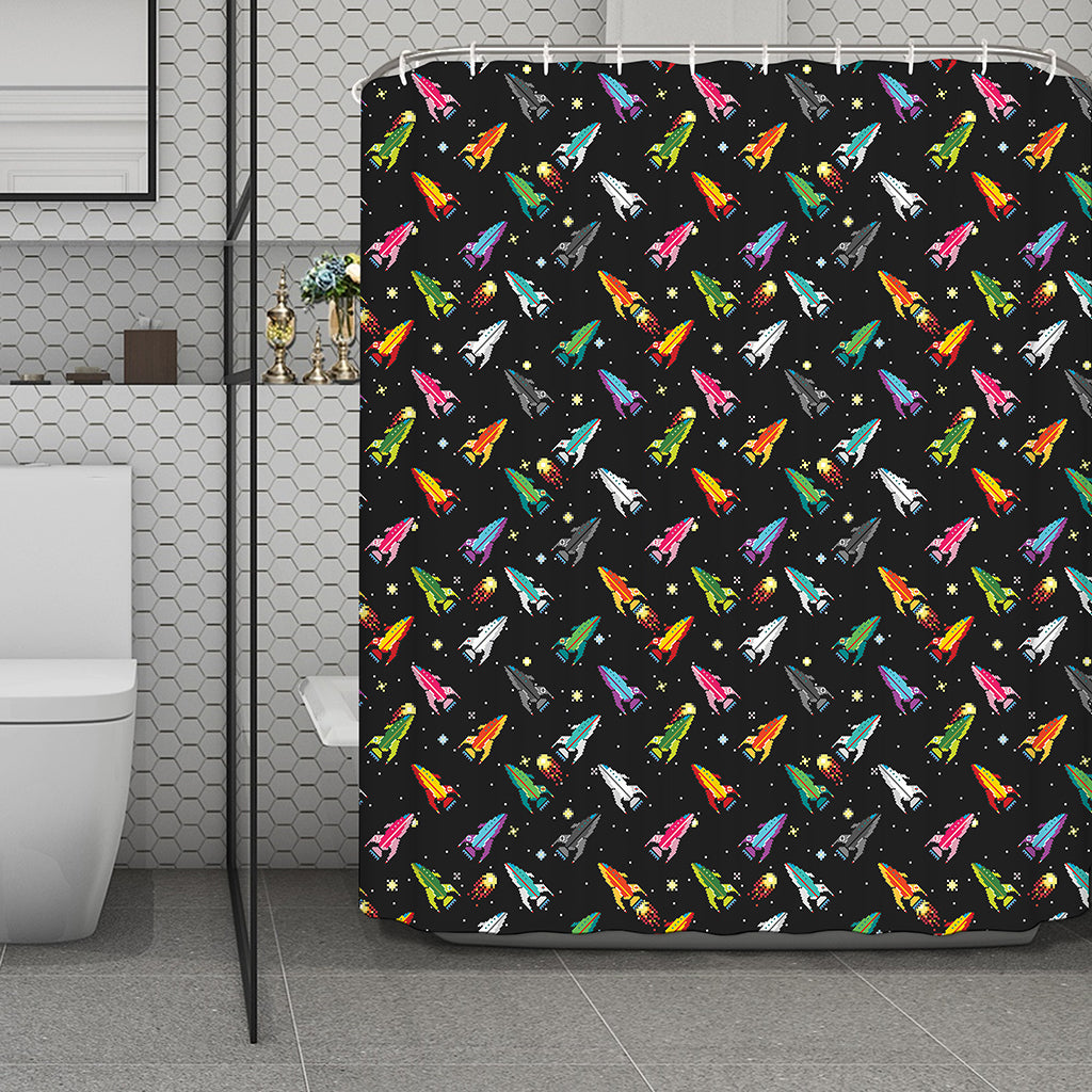 Pixel Spaceships Pattern Print Polyester Shower Curtain