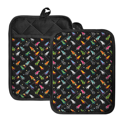 Pixel Spaceships Pattern Print Pot Holders With Pocket