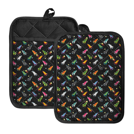 Pixel Spaceships Pattern Print Pot Holders With Pocket