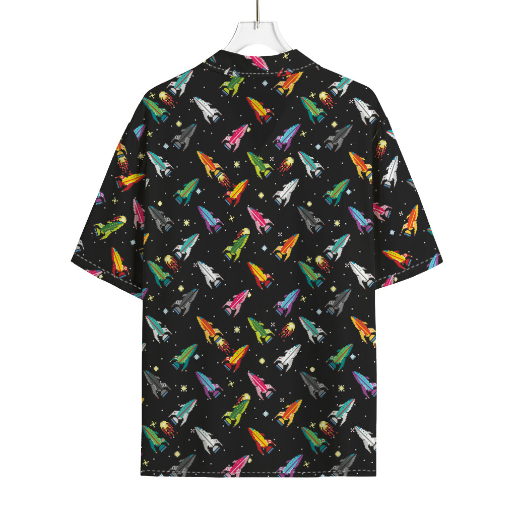 Pixel Spaceships Pattern Print Rayon Hawaiian Shirt