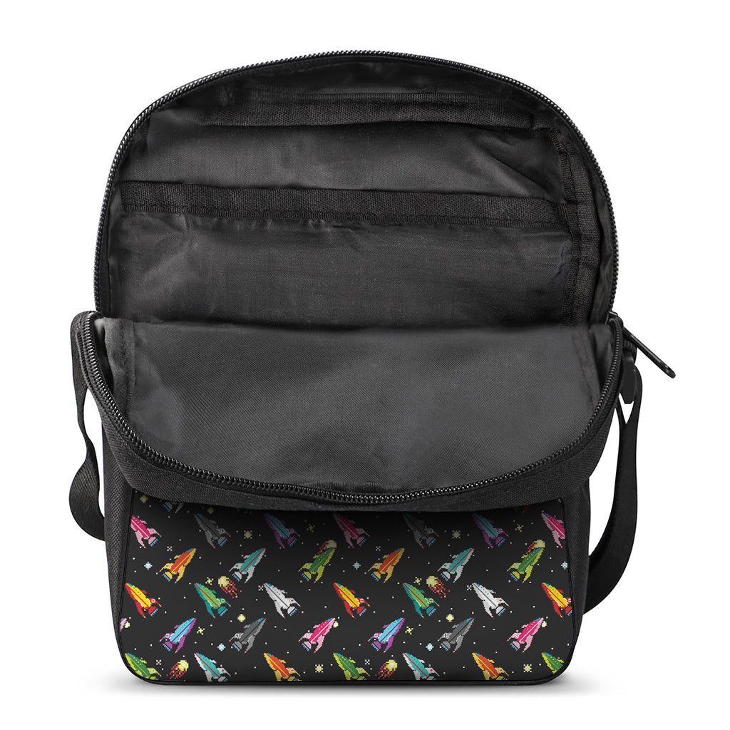 Pixel Spaceships Pattern Print Rectangular Crossbody Bag