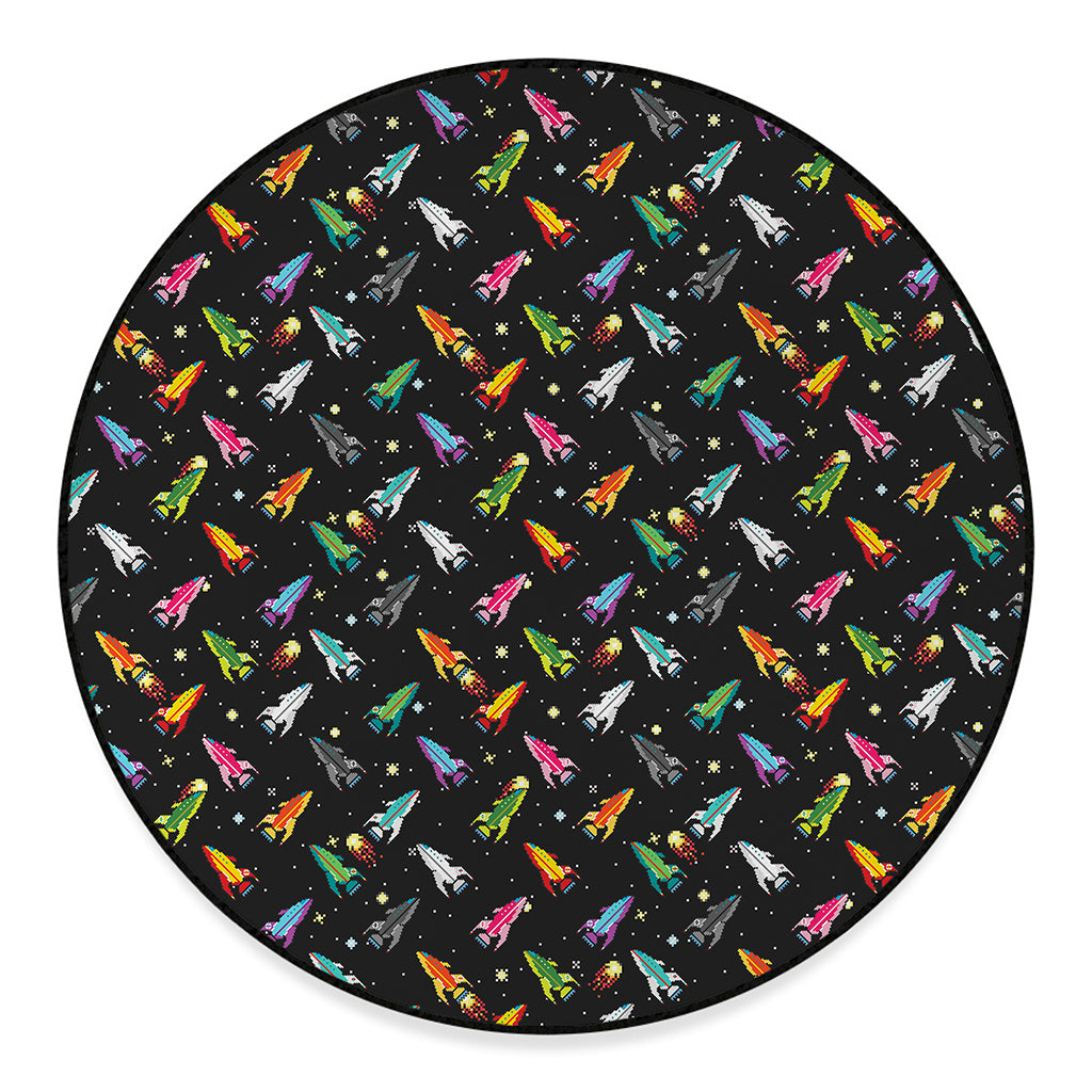 Pixel Spaceships Pattern Print Round Floor Mat