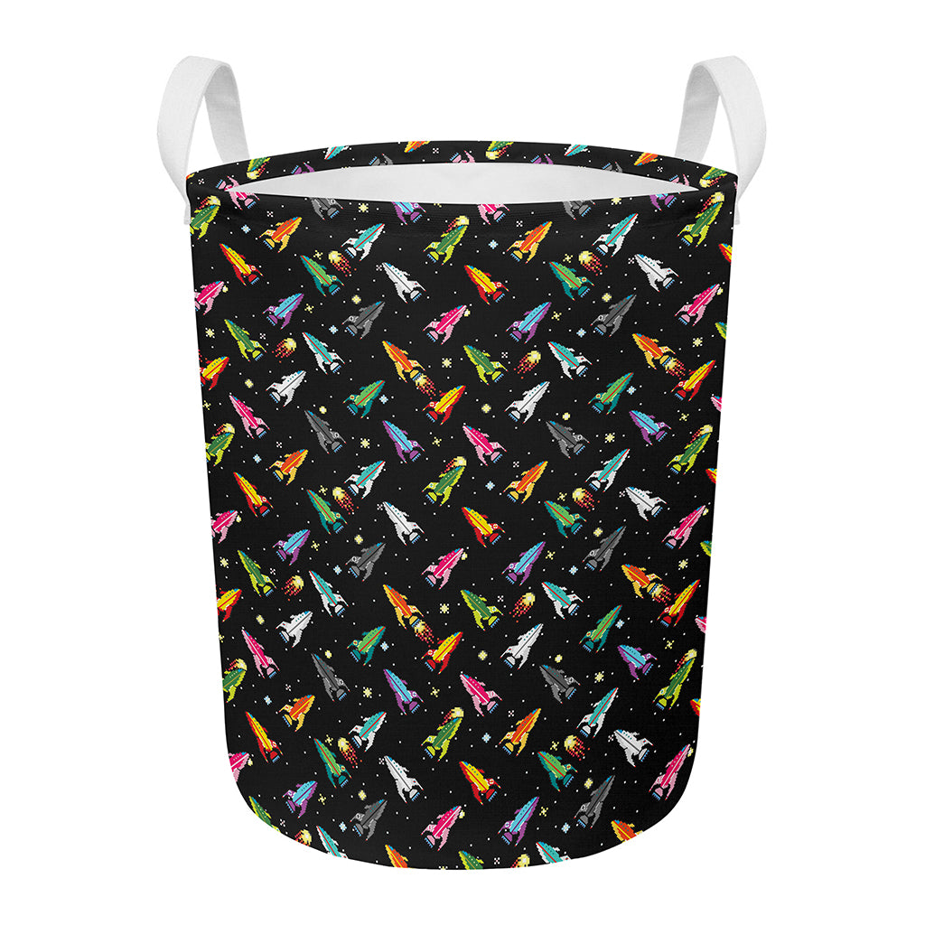 Pixel Spaceships Pattern Print Round Laundry Basket