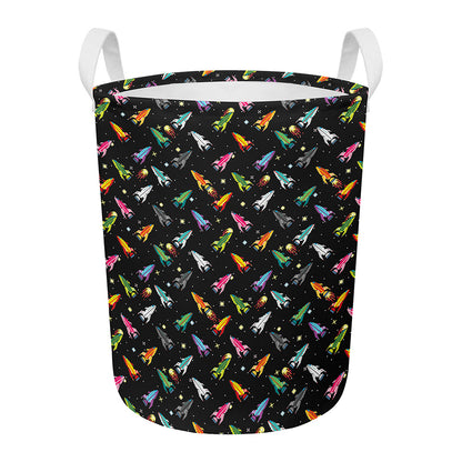 Pixel Spaceships Pattern Print Round Laundry Basket