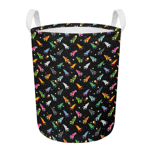 Pixel Spaceships Pattern Print Round Laundry Basket