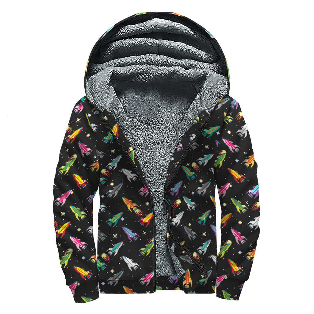 Pixel Spaceships Pattern Print Sherpa Lined Zip Up Hoodie