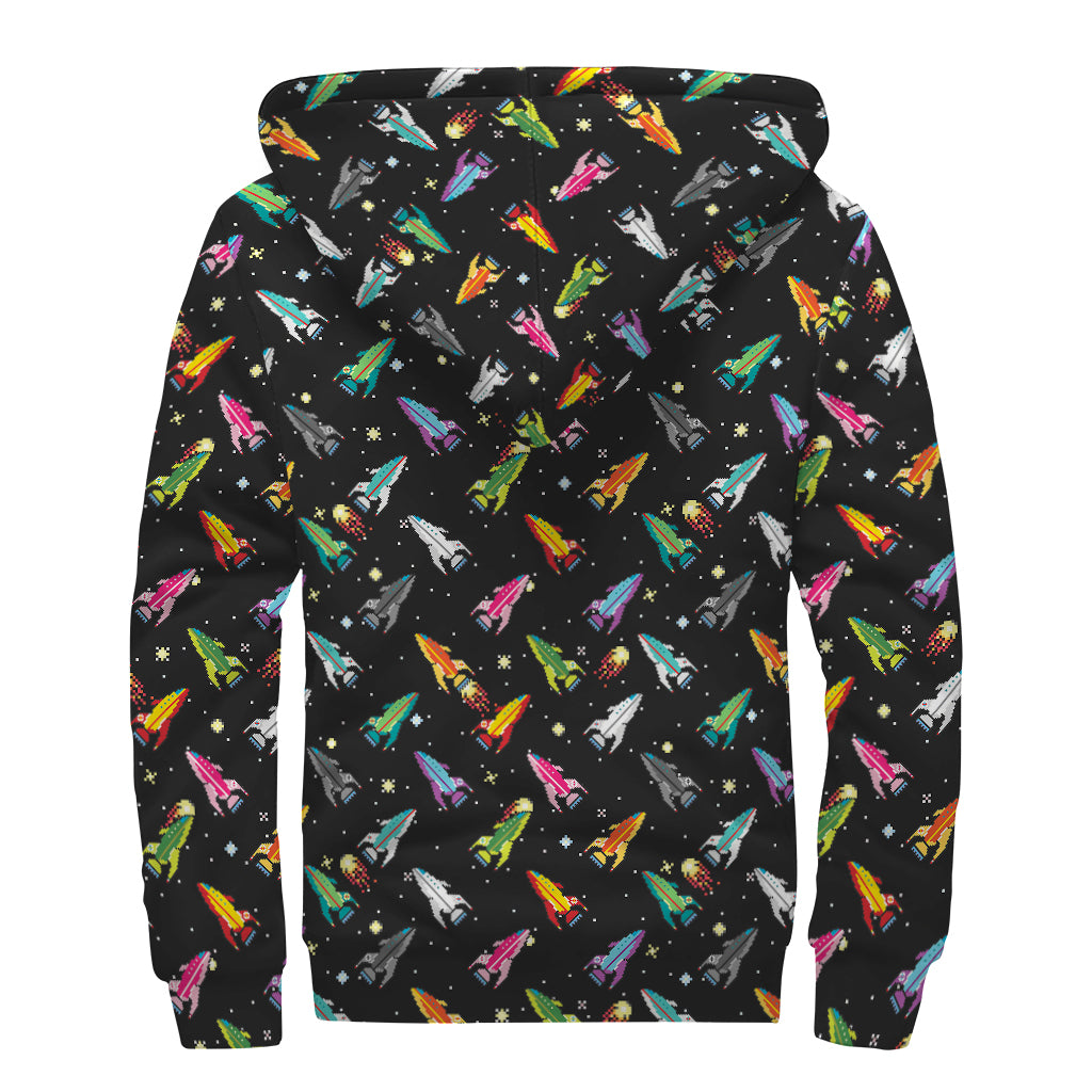 Pixel Spaceships Pattern Print Sherpa Lined Zip Up Hoodie