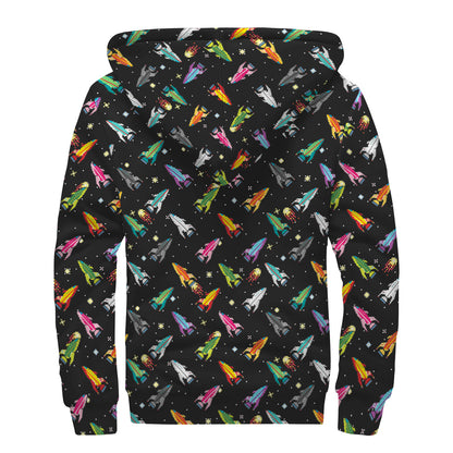 Pixel Spaceships Pattern Print Sherpa Lined Zip Up Hoodie