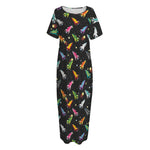 Pixel Spaceships Pattern Print Short Sleeve Long Nightdress