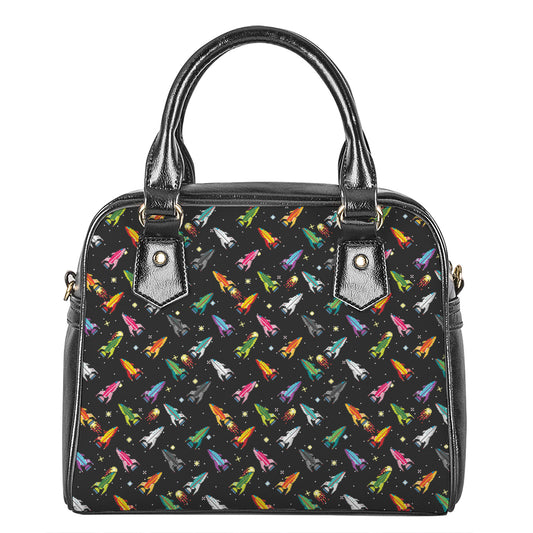 Pixel Spaceships Pattern Print Shoulder Handbag