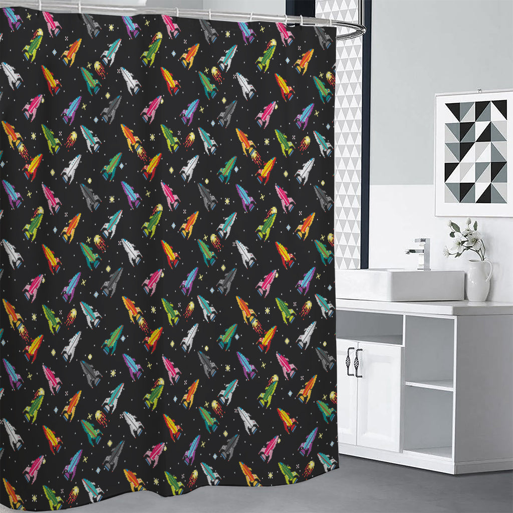 Pixel Spaceships Pattern Print Shower Curtain
