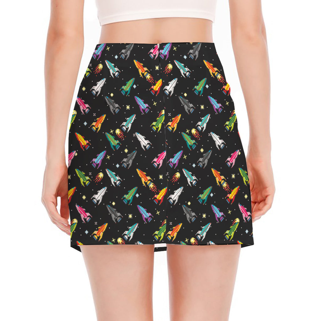 Pixel Spaceships Pattern Print Side Slit Mini Skirt