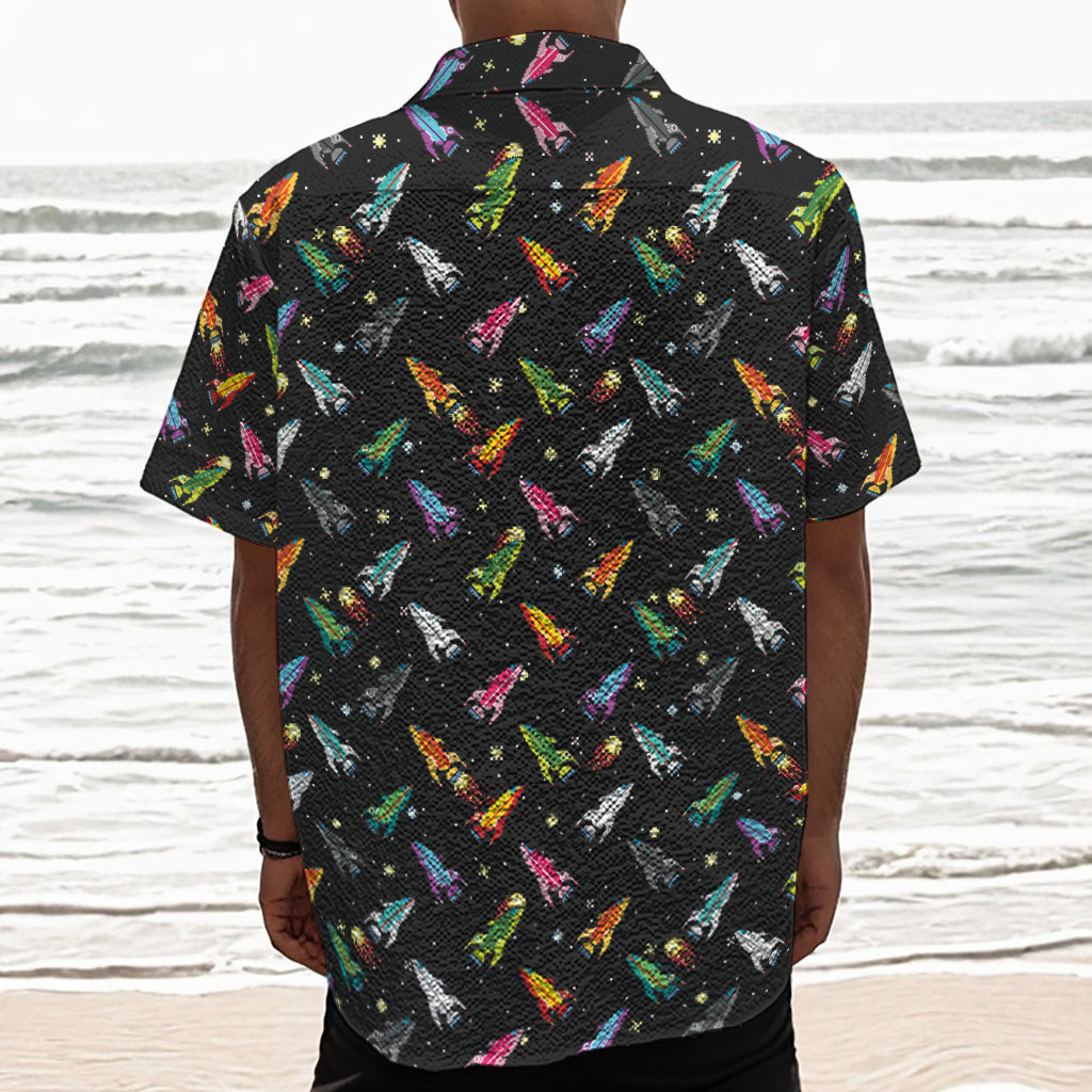 Pixel Spaceships Pattern Print Textured Short Sleeve Shirt