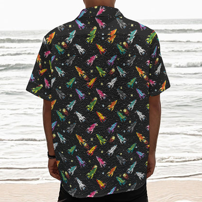 Pixel Spaceships Pattern Print Textured Short Sleeve Shirt
