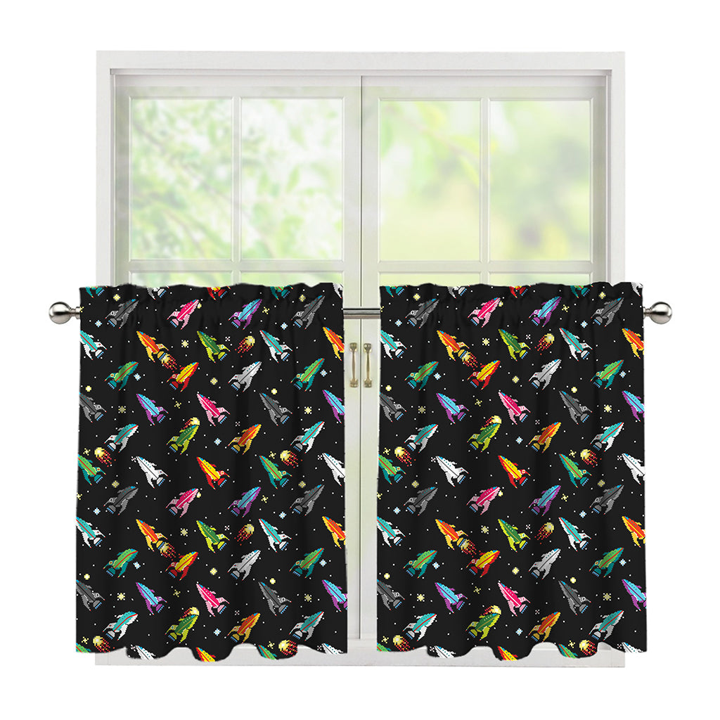 Pixel Spaceships Pattern Print Tier Curtains