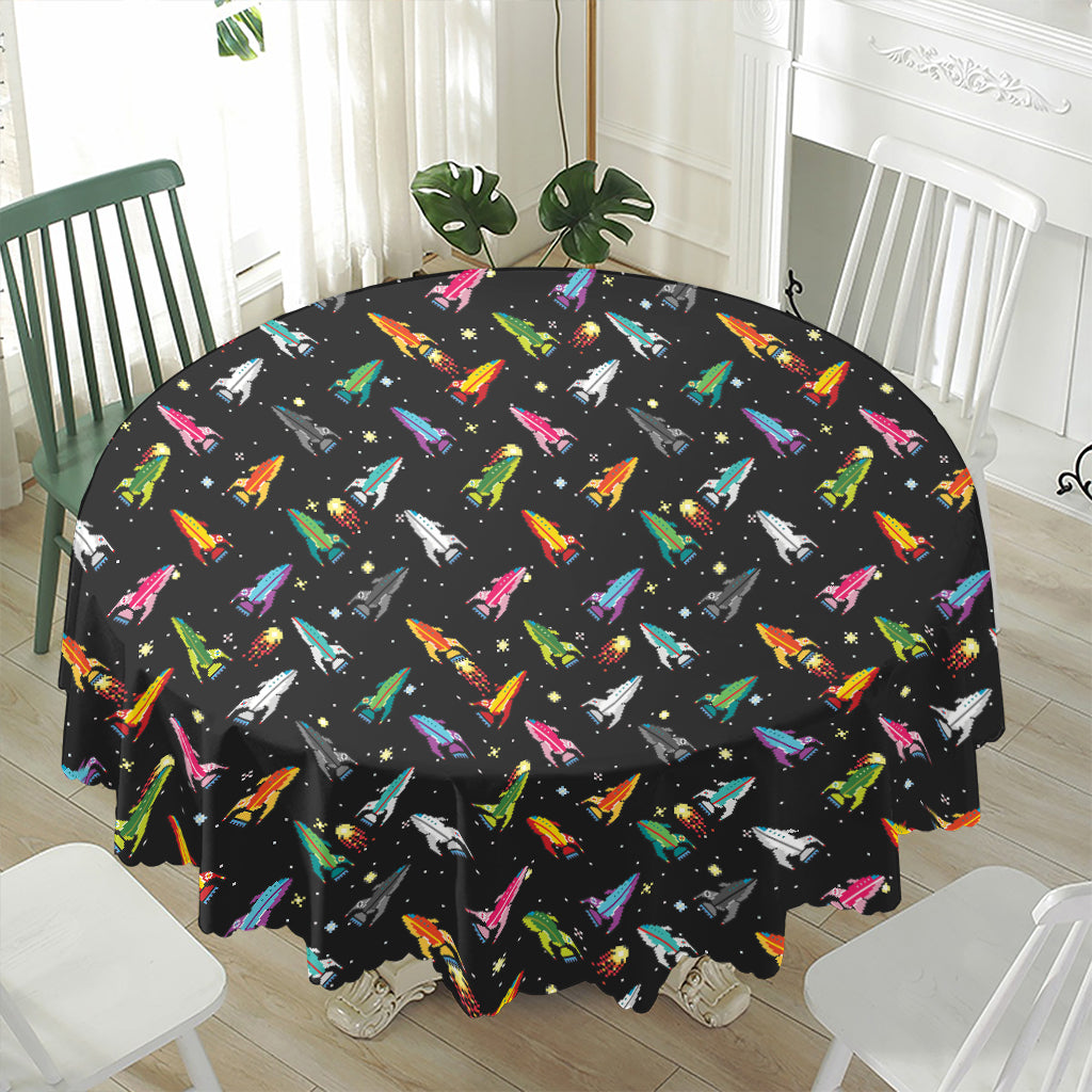 Pixel Spaceships Pattern Print Waterproof Round Tablecloth