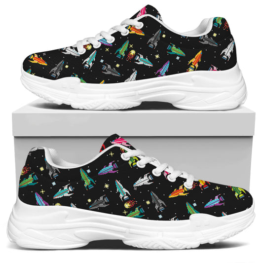 Pixel Spaceships Pattern Print White Chunky Shoes