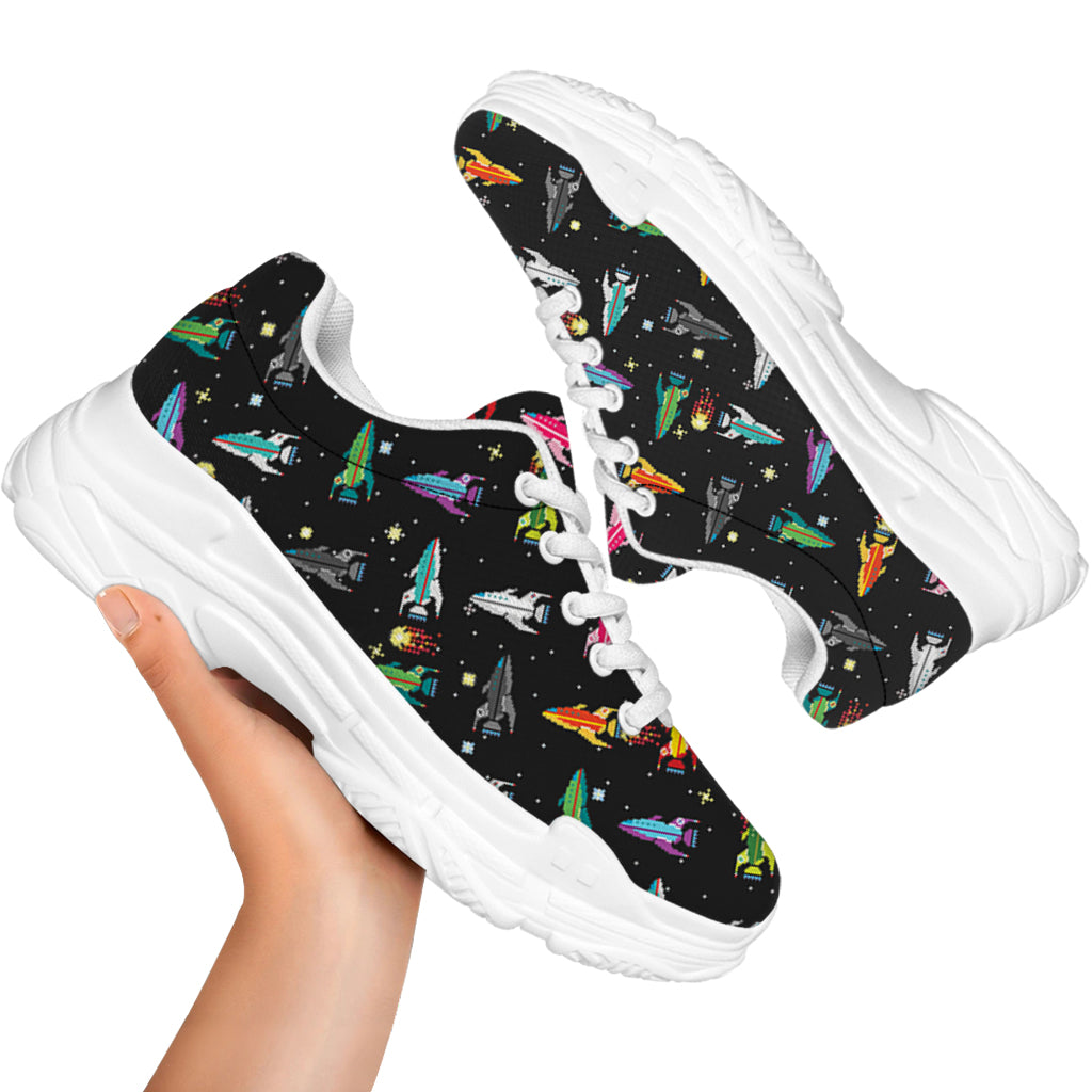 Pixel Spaceships Pattern Print White Chunky Shoes