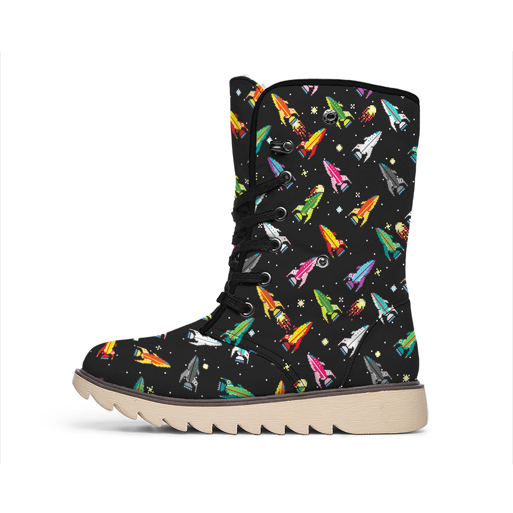 Pixel Spaceships Pattern Print Winter Boots