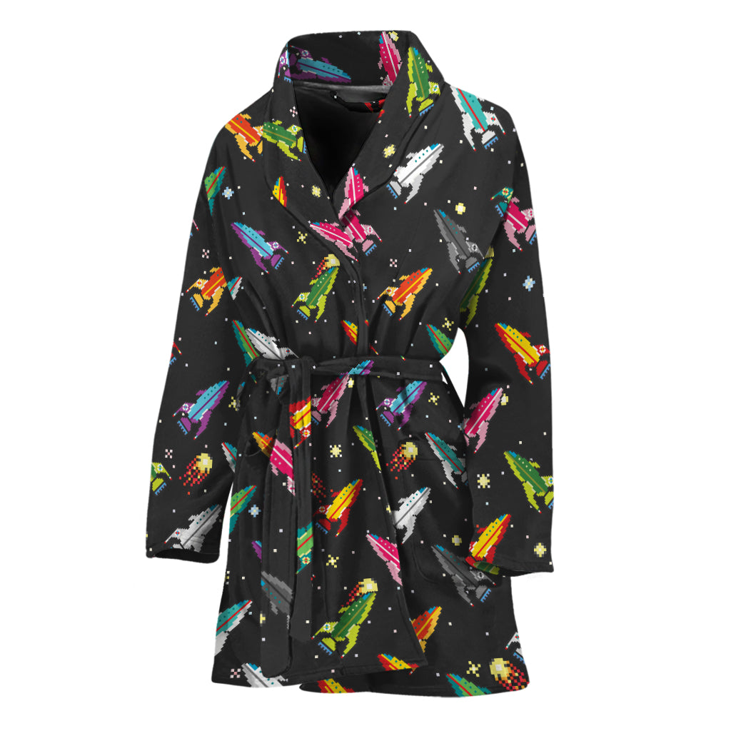 Pixel Spaceships Pattern Print Women's Bathrobe