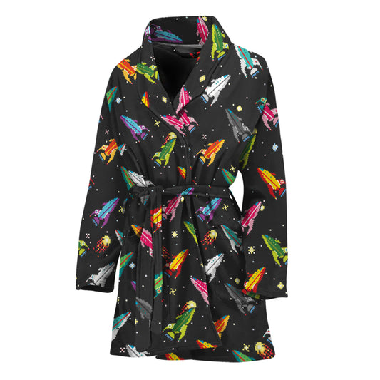 Pixel Spaceships Pattern Print Women's Bathrobe
