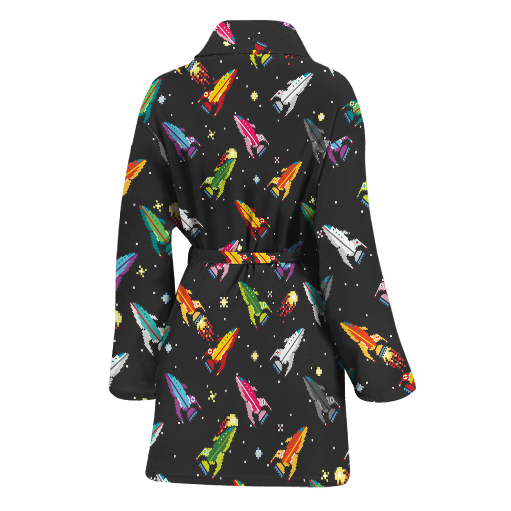 Pixel Spaceships Pattern Print Women's Bathrobe