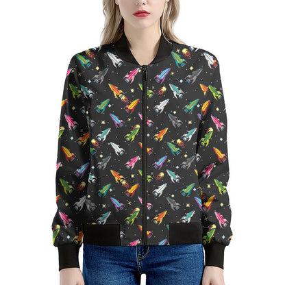Pixel Spaceships Pattern Print Women's Bomber Jacket