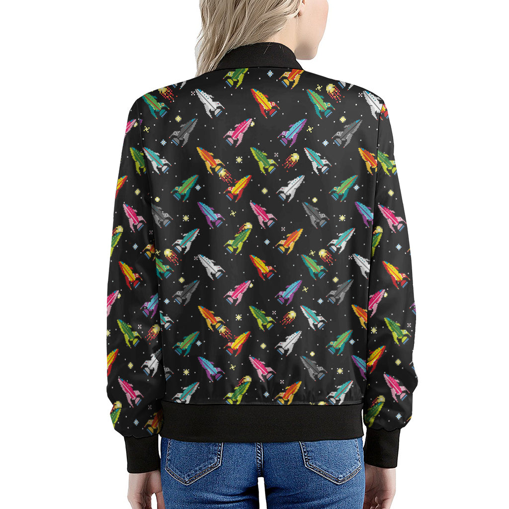 Pixel Spaceships Pattern Print Women's Bomber Jacket