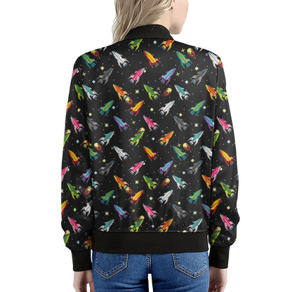 Pixel Spaceships Pattern Print Women's Bomber Jacket