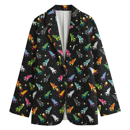 Pixel Spaceships Pattern Print Women's Cotton Blazer