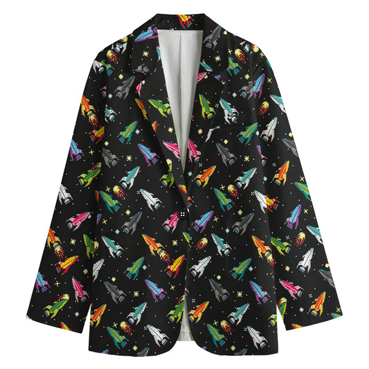 Pixel Spaceships Pattern Print Women's Cotton Blazer