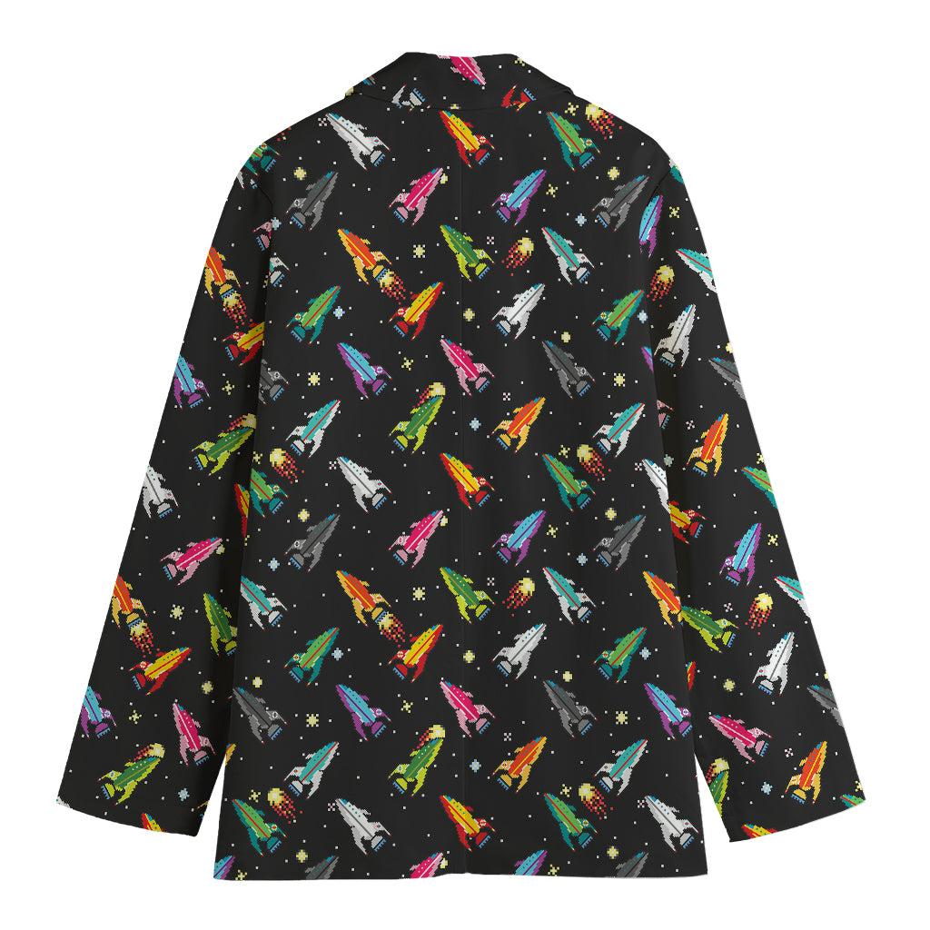 Pixel Spaceships Pattern Print Women's Cotton Blazer