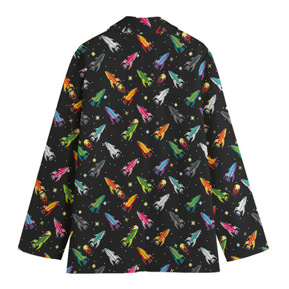 Pixel Spaceships Pattern Print Women's Cotton Blazer