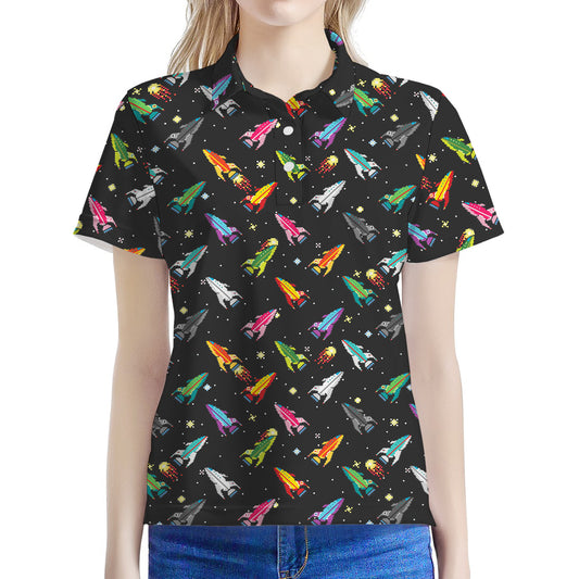 Pixel Spaceships Pattern Print Women's Polo Shirt